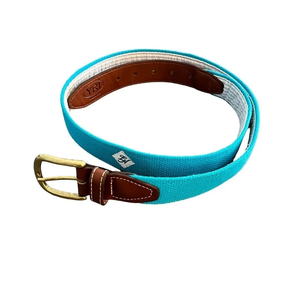 YRI Canvas and Leather Belt Monogrammed LN Made in USA Blue White 43” Long XL